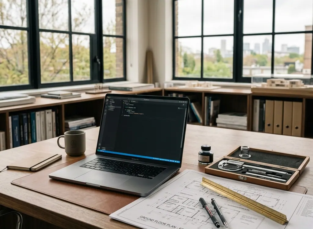 Clean technical workspace with engineering tools and architectural plans