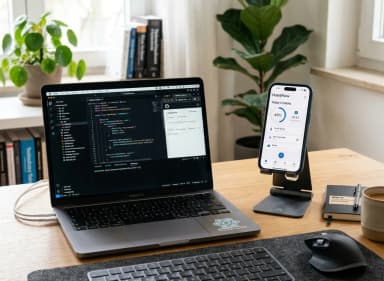 Modern mobile device testing setup with clean hardware and product notes