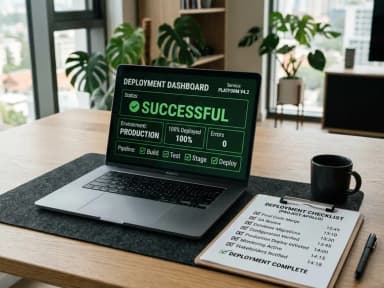 Prepared launch checklist beside a minimal technical workstation
