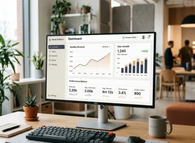 Minimal SaaS product dashboard on a professional workstation in natural light