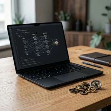 Clean AI workflow planning desk with technical notes and matte hardware